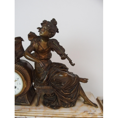 364 - A FRENCH GILDED SPELTER AND ONYX MANTLE CLOCK GARNITURE