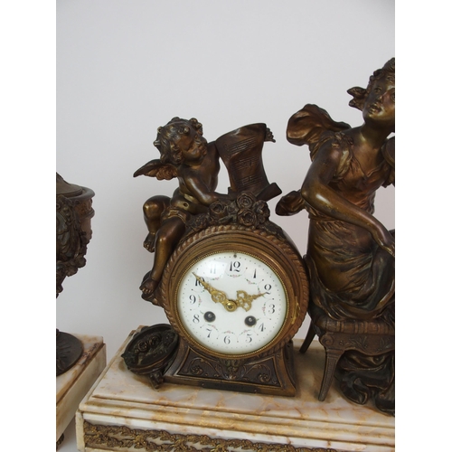 364 - A FRENCH GILDED SPELTER AND ONYX MANTLE CLOCK GARNITURE