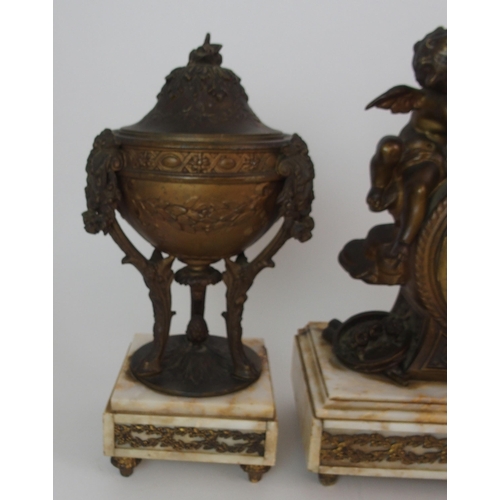 364 - A FRENCH GILDED SPELTER AND ONYX MANTLE CLOCK GARNITURE