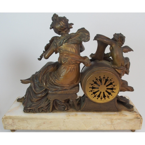 364 - A FRENCH GILDED SPELTER AND ONYX MANTLE CLOCK GARNITURE