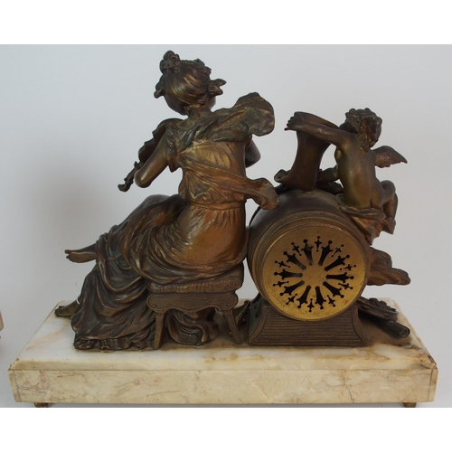 364 - A FRENCH GILDED SPELTER AND ONYX MANTLE CLOCK GARNITURE