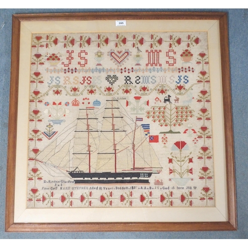 395 - A DECORATIVE VICTORIAN SAMPLER OF A SHIP (DUNCAN RITCHIE)