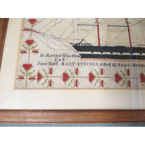 395 - A DECORATIVE VICTORIAN SAMPLER OF A SHIP (DUNCAN RITCHIE)