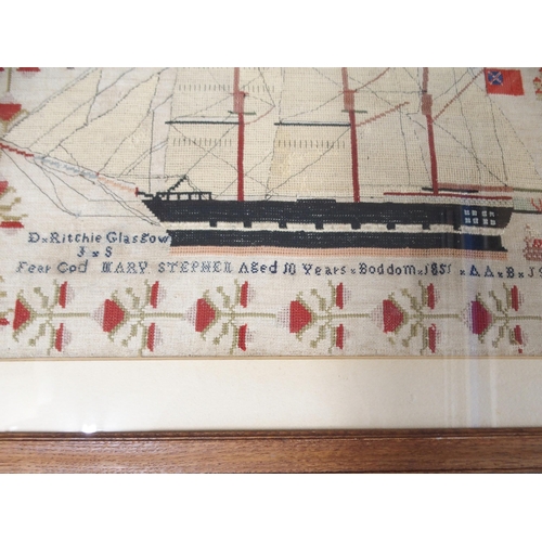 395 - A DECORATIVE VICTORIAN SAMPLER OF A SHIP (DUNCAN RITCHIE)