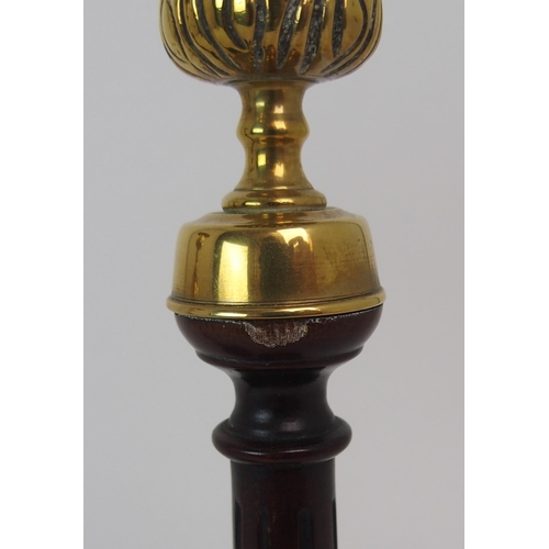 431 - A PAIR OF MAHOGANY AND BRASS MOUNTED CANDLE STICKS