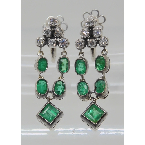 523 - A PAIR OF EMERALD AND DIAMOND DROP EARRINGS