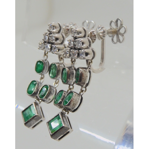 523 - A PAIR OF EMERALD AND DIAMOND DROP EARRINGS