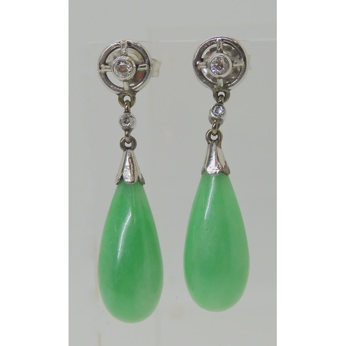 571 - A PAIR OF CHINESE GREEN HARDSTONE AND DIAMOND DROP EARRINGS