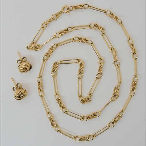 599 - A 9CT FANCY KNOT PATTERN CHAIN AND EARRINGS