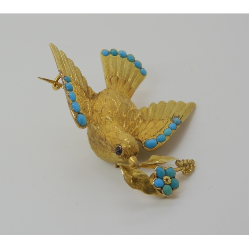 648 - A VICTORIAN LOCKET BACK DOVE BROOCH SET WITH TURQUOISE