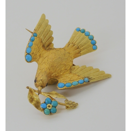 648 - A VICTORIAN LOCKET BACK DOVE BROOCH SET WITH TURQUOISE