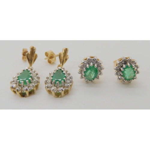 655 - TWO PAIRS OF EMERALD AND DIAMOND EARRINGS