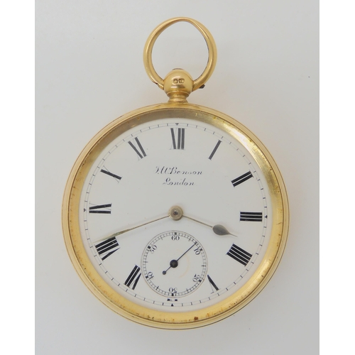 682 - AN 18CT GOLD J.W.BENSON OPEN FACE POCKET WATCH