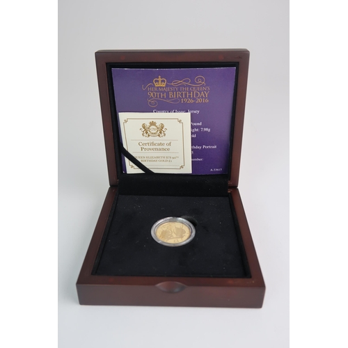 757 - A CASED QUEEN ELIZABETH II 90TH BIRTHDAY JERSEY GOLD PROOF ONE POUND COIN 2016