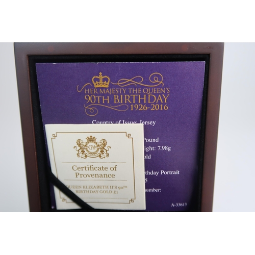 757 - A CASED QUEEN ELIZABETH II 90TH BIRTHDAY JERSEY GOLD PROOF ONE POUND COIN 2016