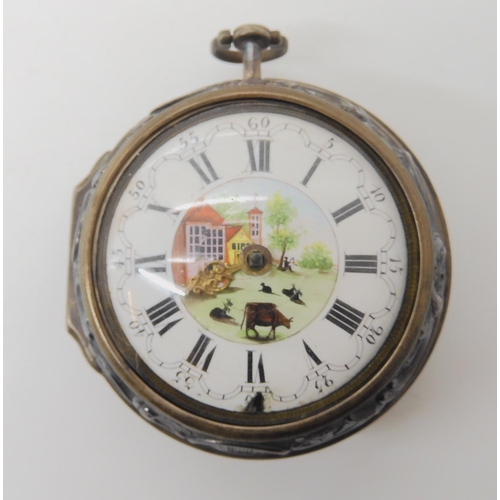 666 - A WHITE METAL PAIR CASED POCKET WATCH WITH A RURAL THEME