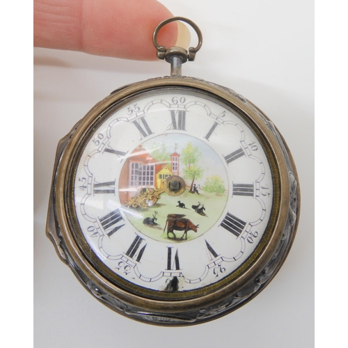 666 - A WHITE METAL PAIR CASED POCKET WATCH WITH A RURAL THEME