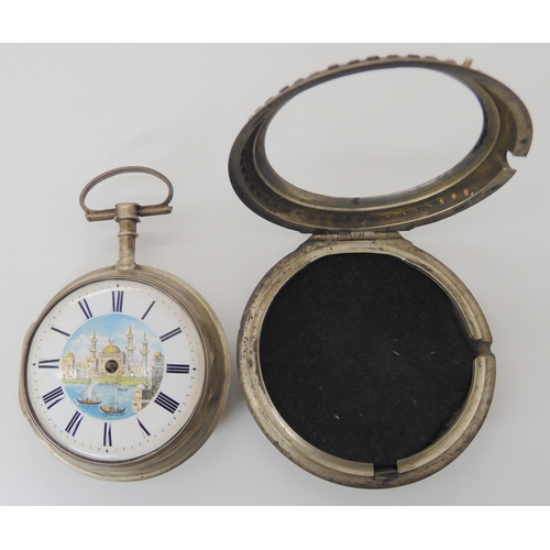 670 - A WHITE METAL PAIR CASED POCKET WATCH WITH PAINTED ISTANBUL DIAL