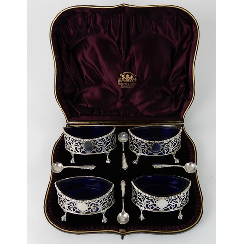 701 - A CASED SET OF FOUR SILVER SALTS WITH SERVERS