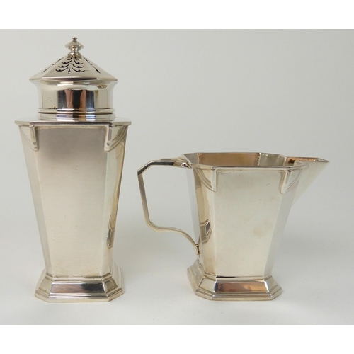 708 - AN ART DECO SILVER SUGAR CASTOR WITH MATCHING CREAM JUG