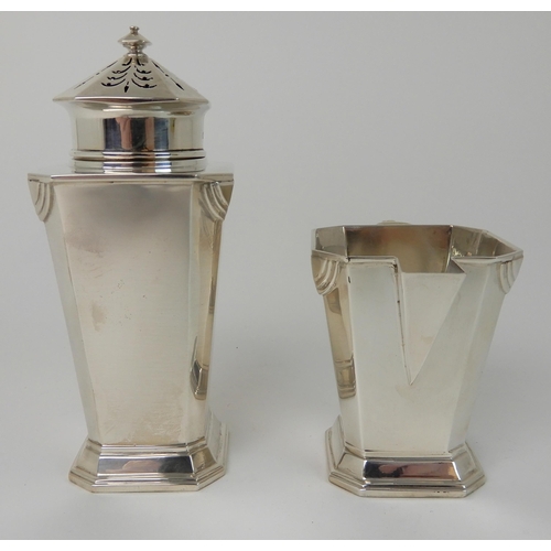 708 - AN ART DECO SILVER SUGAR CASTOR WITH MATCHING CREAM JUG