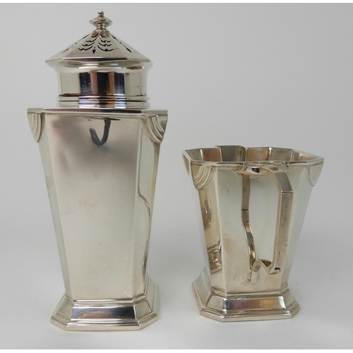 708 - AN ART DECO SILVER SUGAR CASTOR WITH MATCHING CREAM JUG