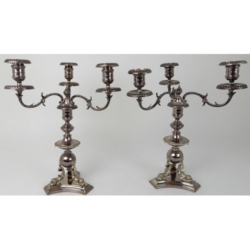 724 - A PAIR OF SILVER PLATED CENTREPIECE THREE-LIGHT CANDELABRA