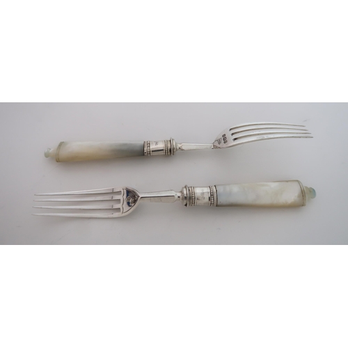 745 - A CASED TWENTY FOUR PIECE SILVER AND MOTHER OF PEARL FRUIT CUTLERY SET