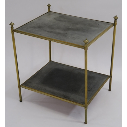 116 - A TWO TIER BRASS SIDE TABLE WITH GREEK KEY DESIGN ON REEDED SUPPORTS WITH FINIALS