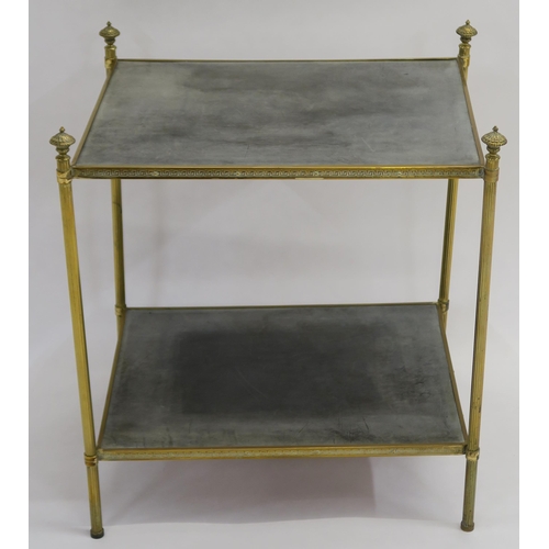 116 - A TWO TIER BRASS SIDE TABLE WITH GREEK KEY DESIGN ON REEDED SUPPORTS WITH FINIALS