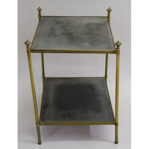 116 - A TWO TIER BRASS SIDE TABLE WITH GREEK KEY DESIGN ON REEDED SUPPORTS WITH FINIALS