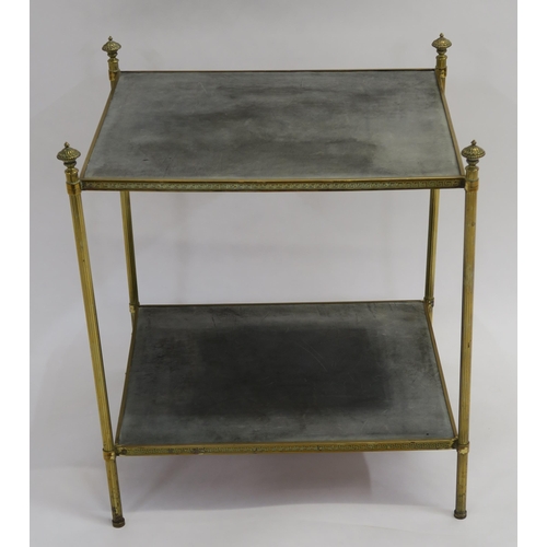 116 - A TWO TIER BRASS SIDE TABLE WITH GREEK KEY DESIGN ON REEDED SUPPORTS WITH FINIALS