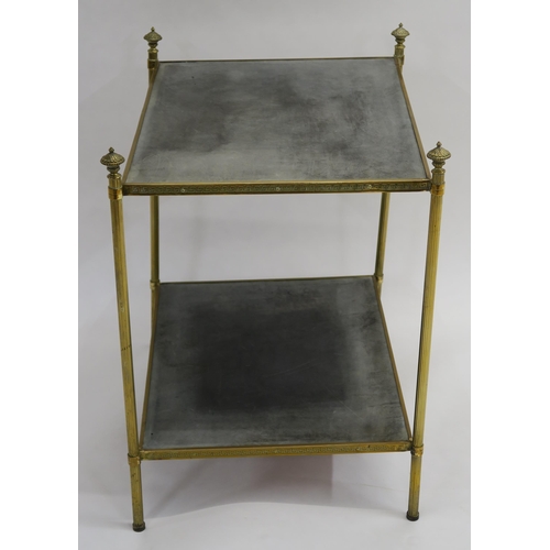 116 - A TWO TIER BRASS SIDE TABLE WITH GREEK KEY DESIGN ON REEDED SUPPORTS WITH FINIALS