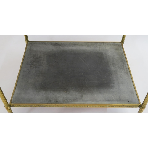 116 - A TWO TIER BRASS SIDE TABLE WITH GREEK KEY DESIGN ON REEDED SUPPORTS WITH FINIALS