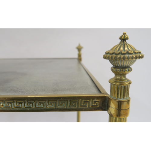 116 - A TWO TIER BRASS SIDE TABLE WITH GREEK KEY DESIGN ON REEDED SUPPORTS WITH FINIALS