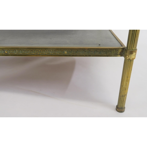 116 - A TWO TIER BRASS SIDE TABLE WITH GREEK KEY DESIGN ON REEDED SUPPORTS WITH FINIALS