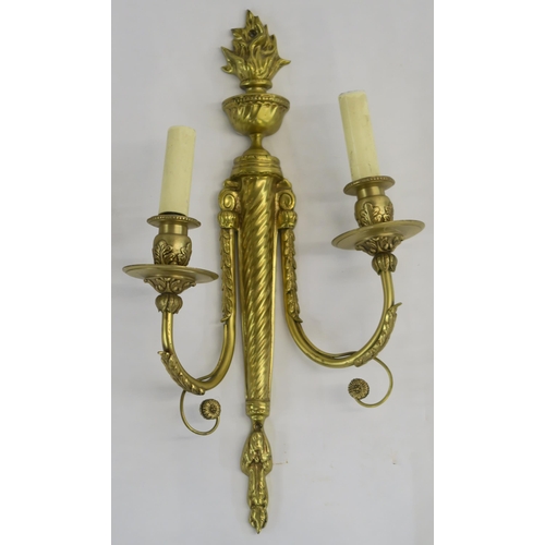 66 - A SET OF FOUR FRENCH GILT METAL WALL SCONCES WITH FLAME FINIALS