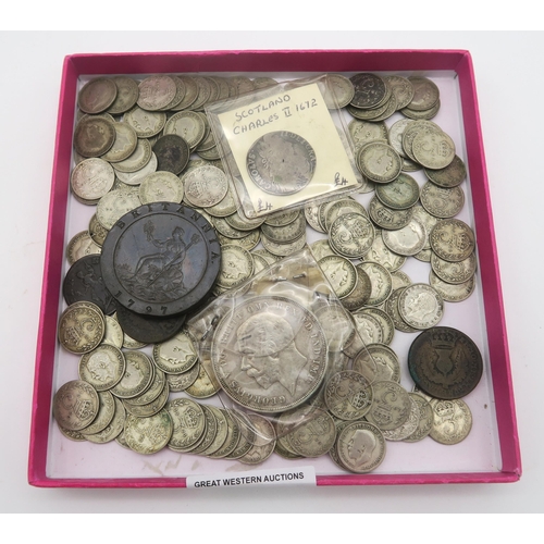 527 - A Charles II coin dated 1672 together with George II half penny, various three pence coins etc