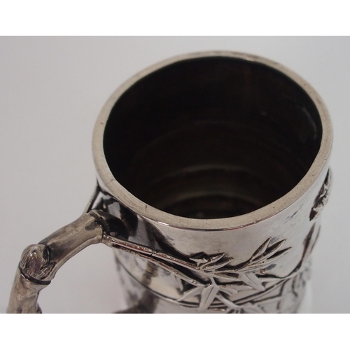 204 - A CHINESE SILVER FAUX BAMBOO MUG