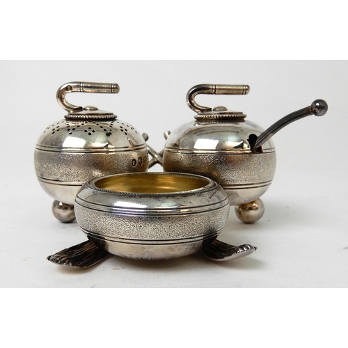 249 - A NOVELTY THREE PIECE SILVER CONDIMENT SET