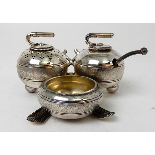 249 - A NOVELTY THREE PIECE SILVER CONDIMENT SET