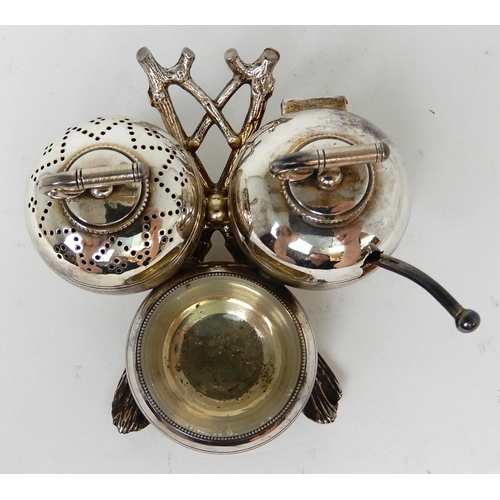 249 - A NOVELTY THREE PIECE SILVER CONDIMENT SET