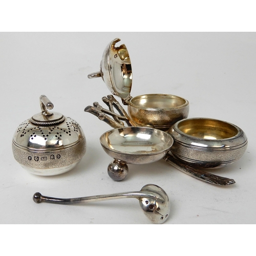 249 - A NOVELTY THREE PIECE SILVER CONDIMENT SET