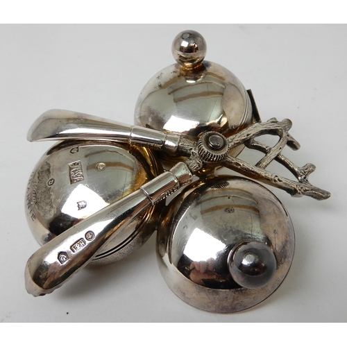 249 - A NOVELTY THREE PIECE SILVER CONDIMENT SET