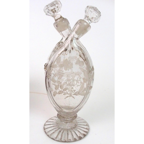 368 - A 19th CENTURY CUT AND ETCHED TWIN NECK SPIRIT DECANTER