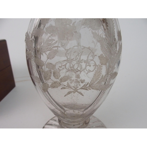 368 - A 19th CENTURY CUT AND ETCHED TWIN NECK SPIRIT DECANTER