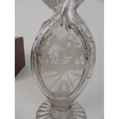 368 - A 19th CENTURY CUT AND ETCHED TWIN NECK SPIRIT DECANTER