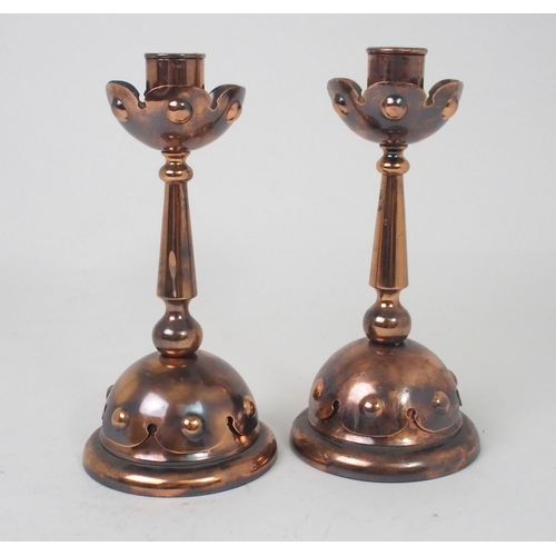 508 - A PAIR OF W.A.S. BENSON STYLE COPPER CANDLESTICKS