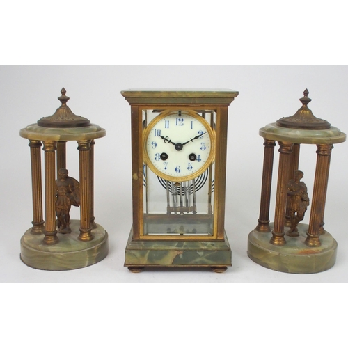 526 - A FRENCH GREEN ONYX CLOCK GARNITURE