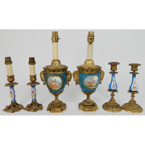 553 - A PAIR OF SEVRES STYLE URN LAMPS